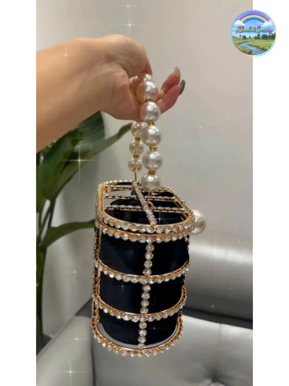 Sparkly Rhinestone Clutch with Pearl Handle, Detachable Chain, Velvet Lining,